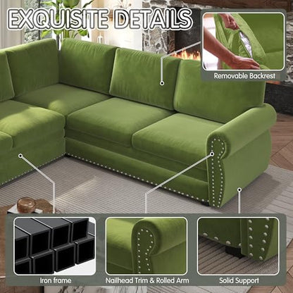 HANXIN 118" L-Shaped Sofa Couch with Pull Out Bed, Oversize Convertible Sectional Sleeper Sofa with Nailhead Trim & Rolled Arm, 6 Seat Chenille Upholstered Couches for Living Room(Grass Green)