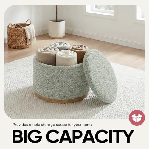 Round Storage Ottoman with Tray, Wood Grain Leather