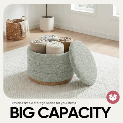 Round Storage Ottoman with Tray, Wood Grain Leather