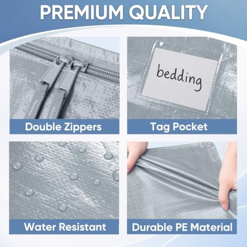 TICONN 4 Pack Extra Large Moving Bags Heavy Duty with Zippers & Carrying Handles, Durable Storage Bags Moving Boxes for Closet Organizers and Storage (4 Pack, Light Grey)