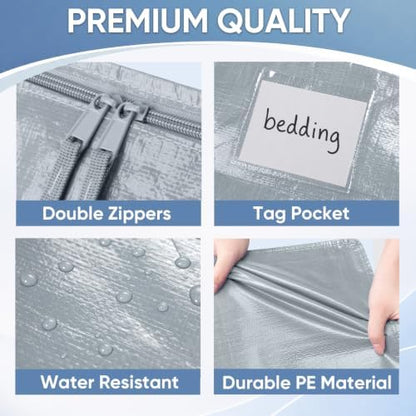 TICONN 4 Pack Extra Large Moving Bags Heavy Duty with Zippers & Carrying Handles, Durable Storage Bags Moving Boxes for Closet Organizers and Storage (4 Pack, Light Grey)