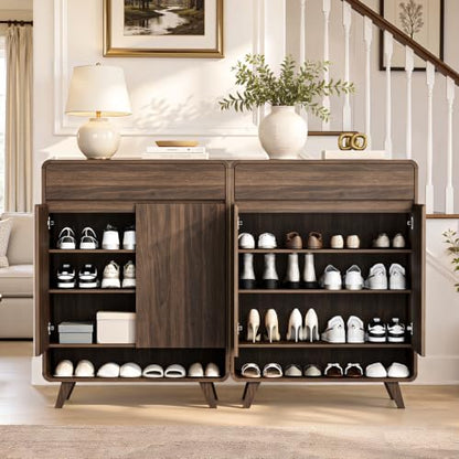 Pamapic Shoe Cabinet with 2 Doors,Shoe Storage Cabinet with 1 Drawer & Rounded Corner,4‑Tier Shoe Rack with Adjustable Shelves,Wooden Shoes Cupboard for Living Room, Entryway,Hallway,Walnut