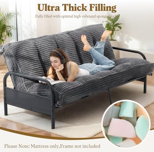 10" Futon Mattress Queen Size, Ultra Thick Futons Sofa Couch Bed Sleeper Sofa Bed, Versatile Floor Futons Japanese Floor Mattress for Adults, Grey (Frame Not Included)