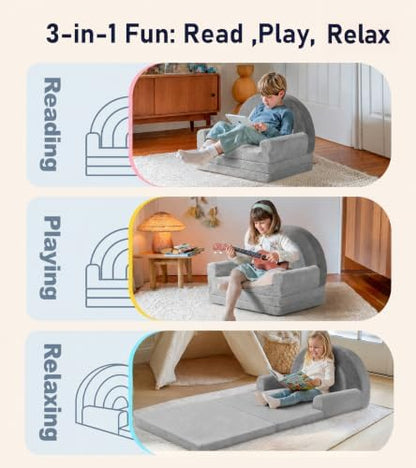 2-in-1 Extra Large Kids Couch Fold Out, Soft Kid Sofa for Playroom, Gray
