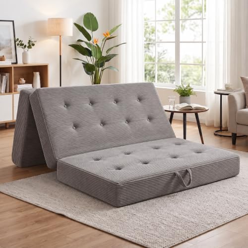 6 Inch Tri-Fold Corduroy Folding Sofa Bed, Queen Size Foldable Floor Mattress with Carry Handles, Sofa Bed for Floor, Couch for Living Room, Camping, Dorm, Yoga (Queen)