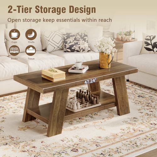 Tohomeor 47.24" Coffee Table for Living Room, Farmhouse Wooden Coffee Table with Storage, Rectangle Rustic Accent Center Table with for Home Apartment Office, Retro Brown
