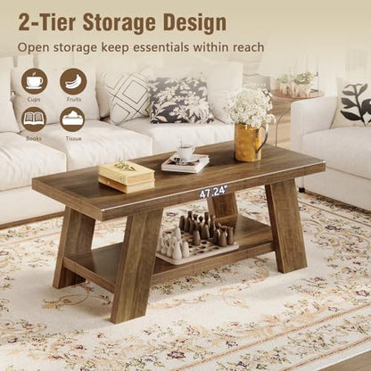 Tohomeor 47.24" Coffee Table for Living Room, Farmhouse Wooden Coffee Table with Storage, Rectangle Rustic Accent Center Table with for Home Apartment Office, Retro Brown