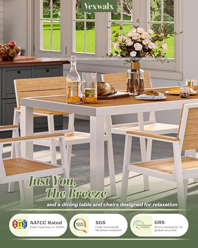 Vexwalx 10 Pcs Outdoor Dining Set, 67" HDPS Dining Set for 8, White-Teak