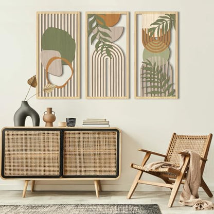 IARTTOP Boho Mid-Century Modern Wood Wall Art 16x32 Inch Large Green Abstract Wood Wall Decor Mid Century Bohemian Artwork for Bedroom Living Room Office Kitchen Set of 3