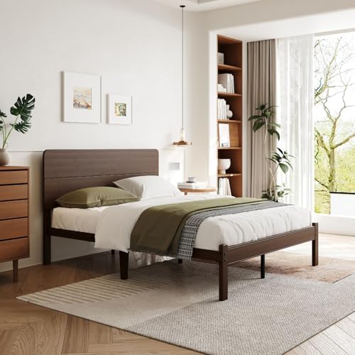 14 Inch Solid Bamboo Wood Full Size Bed Frame with Headboard, Platform Bed Frame Full with Metal Slats, No Box Spring Needed, Easy Assembly, Noise-Free, Walnut