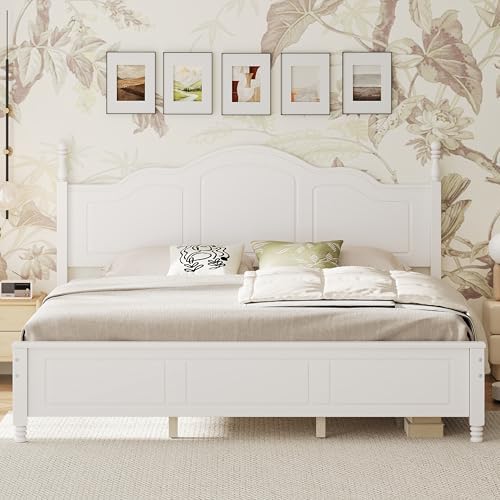 Merax Retro Wood Platform Bed with High Headboard, King Bed Frame with Sturdy Legs/No Box Spring Needed/Easy Assemble White