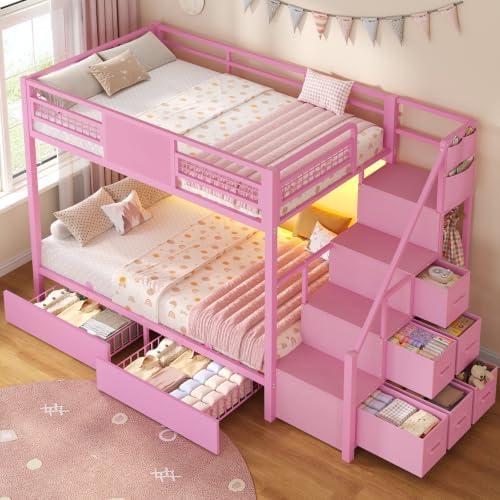 Bunk Bed Twin Over Twin with Stairs, Storage Drawers and LED Lights