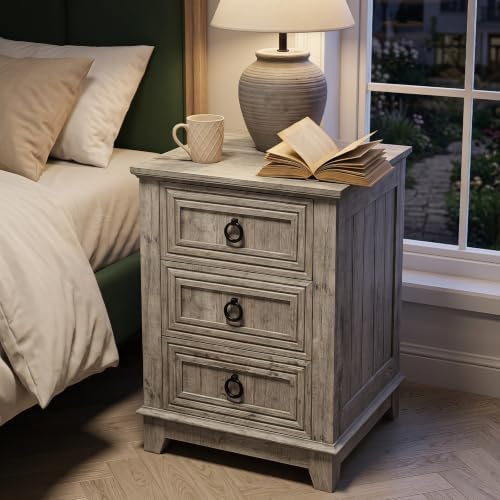 Joaxswe Farmhouse Nightstand, 18'' End Table with 3 Drawer Metal Handle