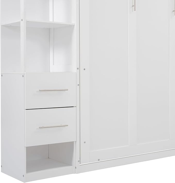 Queen Murphy Bed Cabinet, Space Saving Wall Bed with Storage and Lights | Flexible slats support an 8-inch mattress, while 2 four-layer shelves and 4 drawers help keep essentials organized