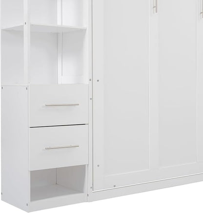 Queen Murphy Bed Cabinet, Space Saving Wall Bed with Storage and Lights | Flexible slats support an 8-inch mattress, while 2 four-layer shelves and 4 drawers help keep essentials organized