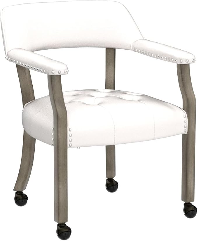 LEEMTORIG Set of 4 Large Dining Chairs with Casters and Arms, Rolling Dining Chairs with Wheels, Solid Wood Boss Caption's Chairs, 26" D x 25.2" W x 31.5" H, Grey Legs & Ivory SY-1318-WT