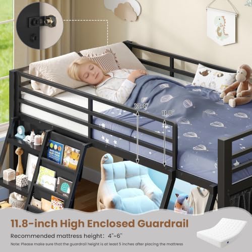MSmask Low Loft Bed Twin with 7 Storage Drawers & Reading Nook, Black