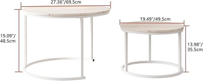 HOJINLINERO Round Coffee Table,Nesting Coffee Table Set of 2,Center Tables for Living Room,Office, Home Small Space,Stacking Side Tables,Sturdy and Easy Assembly,Wood Desktop,Oak+White,Large