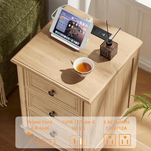 RWYHG 18" Night Stand with Charger Station, Nightstand with 3 Drawers