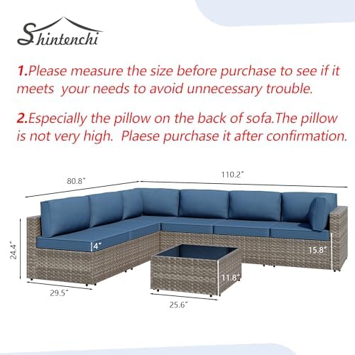 7 Piece Outdoor Patio Furniture Set with Natural PE Rattan, Navy Blue