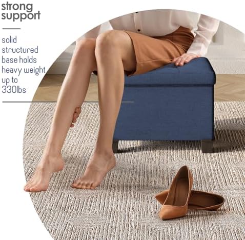 Storage Ottoman Cube with Small Bin, 16-in Square Ottoman with Storage for Living Room and Bedroom, Small Ottomans Foot Rest, Fabric Foot Stools Ottomans Max 330lbs, Blue