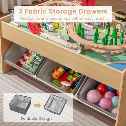 Costzon Train Table, 3-in-1 Wooden Activity Table W/ 3 Storage Bins (Gray)