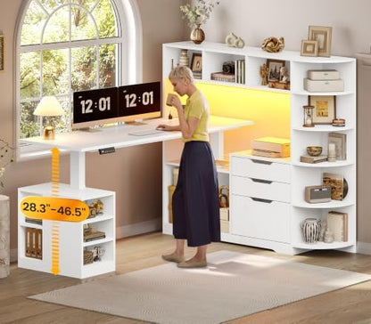 SEDETA 59" L Shaped Standing Desk with 3 Drawers Storage and Bookshelves