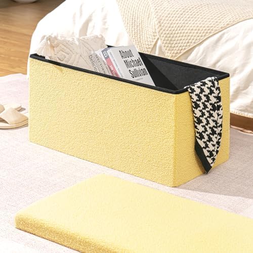 PINPLUS Folding Storage Ottoman Bench, Yellow Boucle Square