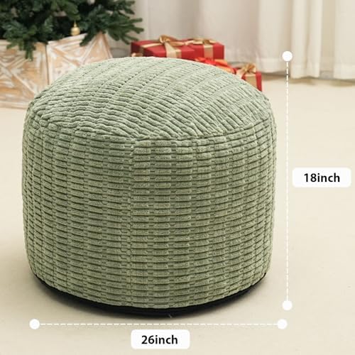 Round Stuffed Pouf Ottoman for Foot Rest 26" X 18" Faux Fur Poufs, Green