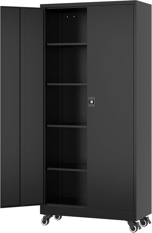 Fesbos Metal Rolling Storage Cabinet-74.6” Tall Steel File Cabinets with Wheels Lockable Doors and Adjustable Shelves-Black Steel Storage Cabinet for Home, School, Office, Garage