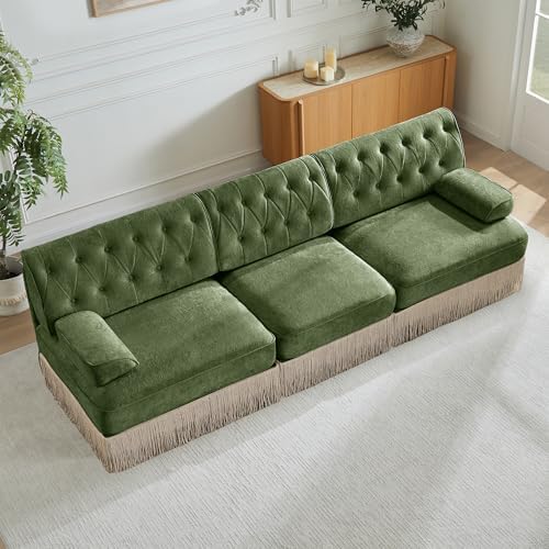 106" Velvet Chesterfield Modular Sectional Sofa, Oversized Button Tufted 3-Seater Couch with Floor-grazing Tassel Fringe Skirt and Curved Square Armrests, Easy Assembly, for Living Room, Green