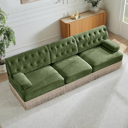 106" Velvet Chesterfield Modular Sectional Sofa, Oversized Button Tufted 3-Seater Couch with Floor-grazing Tassel Fringe Skirt and Curved Square Armrests, Easy Assembly, for Living Room, Green