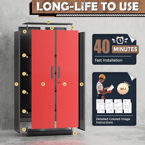 INTERGREAT Metal Storage Cabinet, 72” H Storage Cabinet with 2 Doors and 4 Adjustable Shelves for Office, Home, Garage, Pantry,Apartment (Black red)