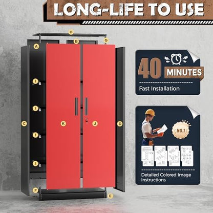 INTERGREAT Metal Storage Cabinet, 72” H Storage Cabinet with 2 Doors and 4 Adjustable Shelves for Office, Home, Garage, Pantry,Apartment (Black red)