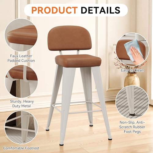 Aklaus PU Leather Metal Bar Stools 24 inch Faux Leather Counter Height Barstools Set of 2 Modern Farmhouse Bar Chairs with High Backs and Faux Leather Seat for Kitchen Island Dining Room White Brown
