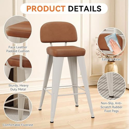 Aklaus PU Leather Metal Bar Stools 24 inch Faux Leather Counter Height Barstools Set of 2 Modern Farmhouse Bar Chairs with High Backs and Faux Leather Seat for Kitchen Island Dining Room White Brown