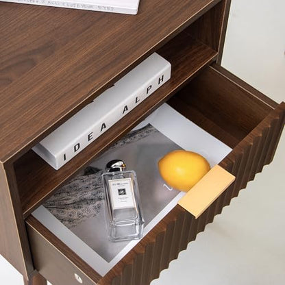 Walnut Nightstand, Fluted Night Stand with Drawer and Open Shelf