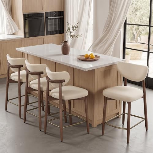 VASAGLE Wooden Bar Stools Set of 2, Linen-Look Fabric, Cappuccino Beige