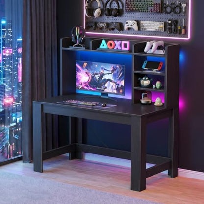WINAZ 43" Black Gaming Desk with Hutch and Built-in Power Outlet