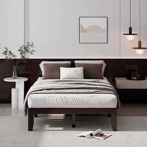 GIANTEX Full Wood Platform Bed Frame, 14 Inch Solid Rubber Wood Mattress Foundation, Heavy Duty Wooden Slats Support, No Box Spring Needed, Easy Assembly, Espresso