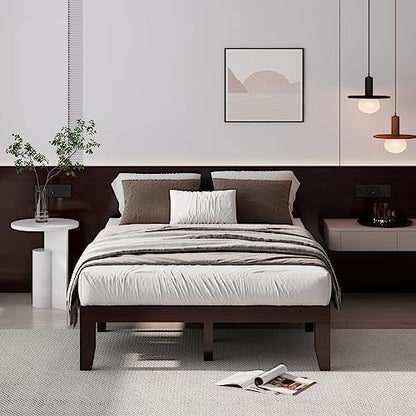 GIANTEX Full Wood Platform Bed Frame, 14 Inch Solid Rubber Wood Mattress Foundation, Heavy Duty Wooden Slats Support, No Box Spring Needed, Easy Assembly, Espresso