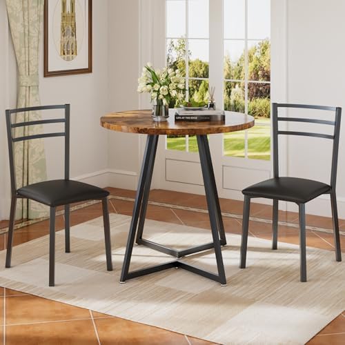 VECELO Small Round Kitchen Table with 2 Upholstered Chairs, 3-Piece Wood Dinette Sets with Steel Frame for Breakfast Nook, Dining Room, and Small Space, Brown