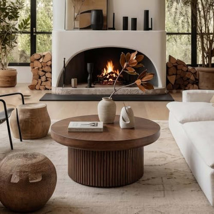 33.5" Round Wood Coffee Table with Cylindrical Base & Thickened Tabletop