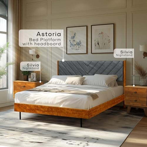 Acacia Astoria Wood Bed Frame with Upholstered Headboard, Queen, Caramel