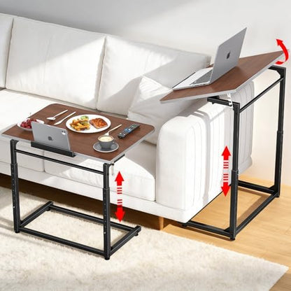 Extra Large TV Tray Table Set of 2, Heavy Duty C-Shaped Laptop Desk with 8-Level Height & 90° Tilt, Folding Overbed End Table for Couch and Bed, Walnut Finish with Phone/Tablet Slot for Small Spaces