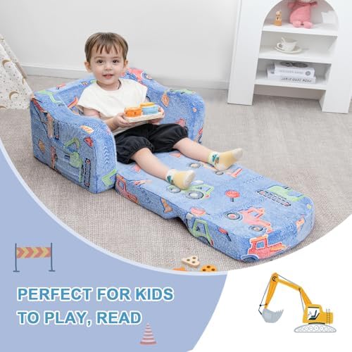 Comfy Kids Sofa Chair, 2-in-1 Fold Out Couch with Blanket