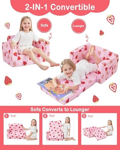 lasoftan Toddler Couch, 2-in-1 Soft Kids Couch Bed Fold Out, Toddler Chairs Comfy for Boys & Girls, Convertible Kids Sofa to Lounge for Playroom, Gift for Birthday, Children's Day - Pink Strawberry
