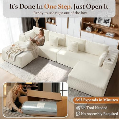 37" Cloud Sectional Couch Ottoman for Living Room, Extra Deep Seats No Assembly, Minimalist Modular Couch, Corduroy (Cream, Single Ottoman)