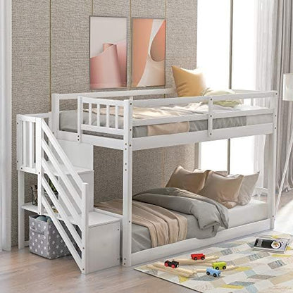 Harper & Bright Designs Kids Bunk Bed Twin Over Twin, Floor Bunk Bed with Stairs, Low Bunk Bed with Storage, Twin Bunk Bed for Kids Toddlers Teens. No Box Spring Needed (White)