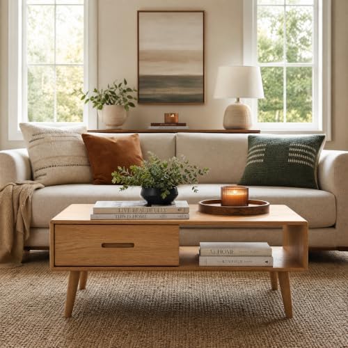 Fully-Assembled 100% Oak Wood Coffee Table with Storage for Living Room